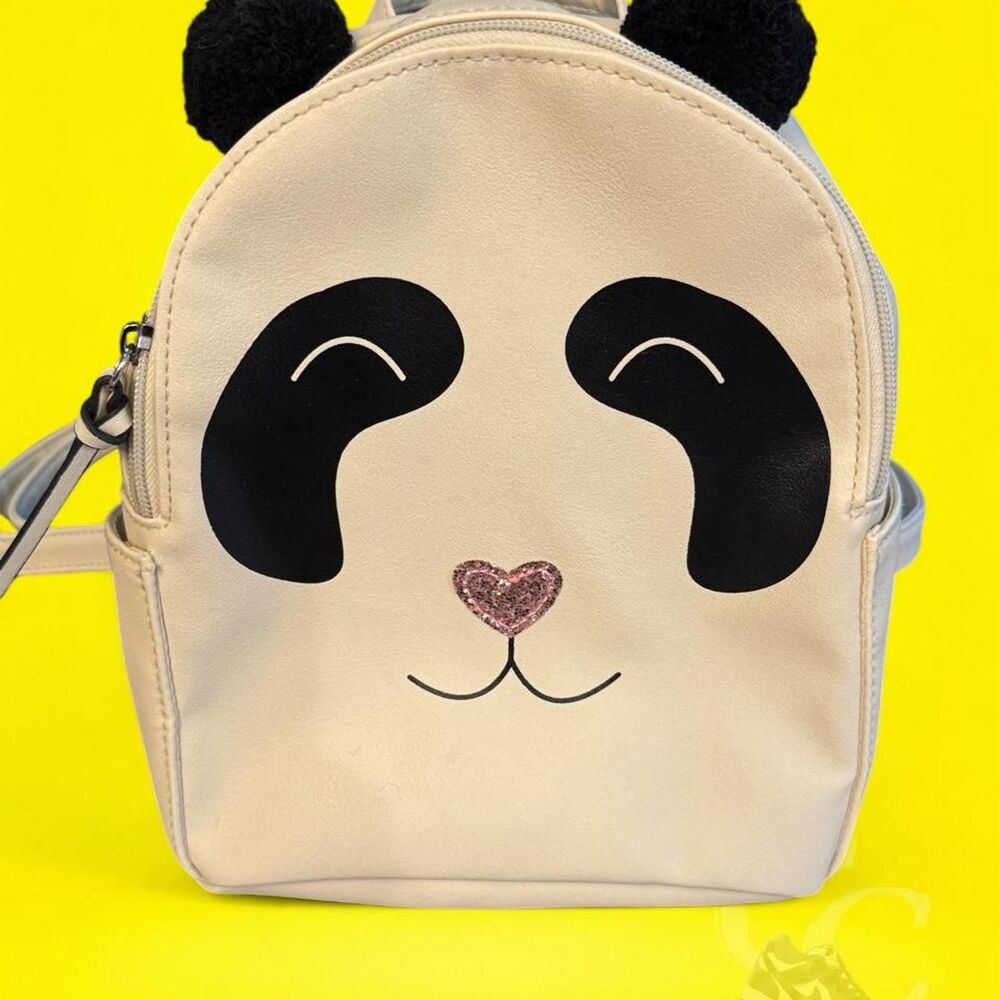 Panda backpack with pink sequin hearts